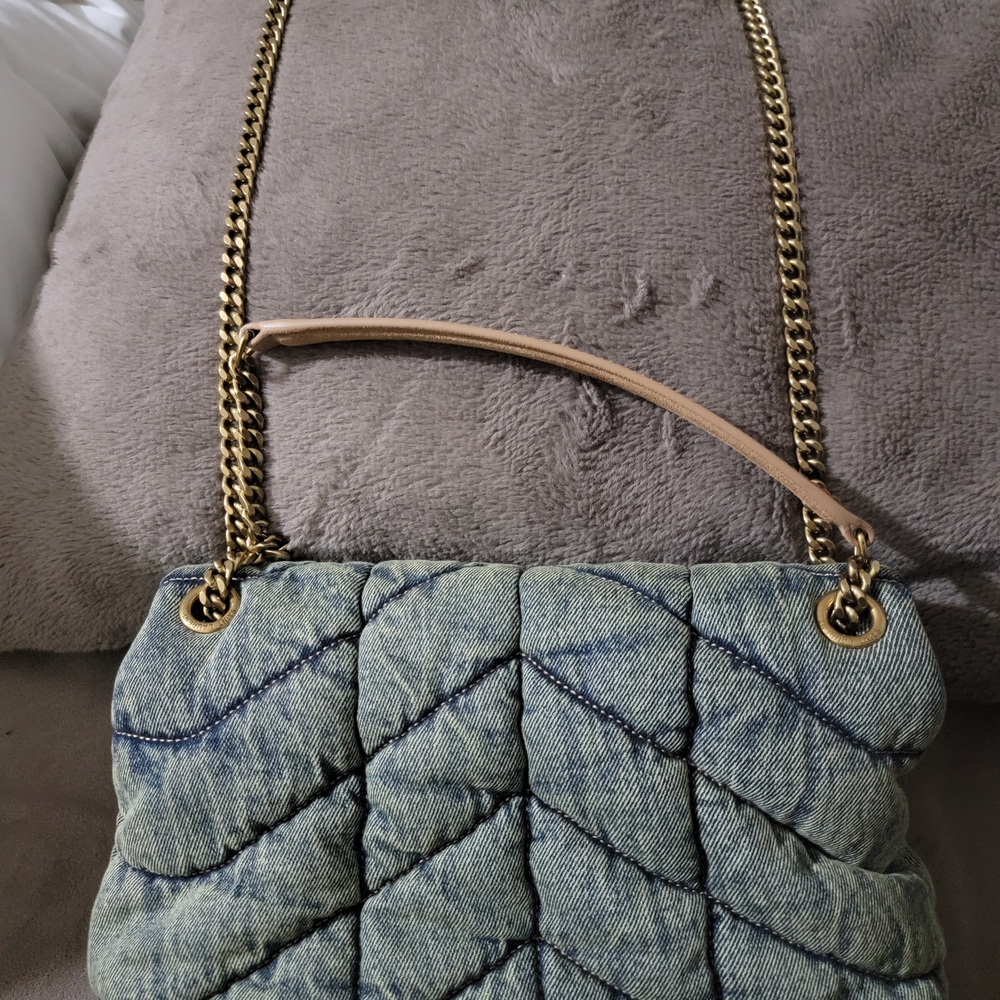Saint Laurent Blue Quilted Bag with Tan Straps - Picture 3 of 6